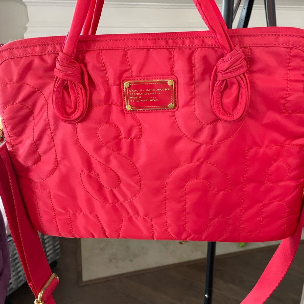 Marc Jacobs Hot Pink Quilted Computer Shoulder Bag with computer cord storage